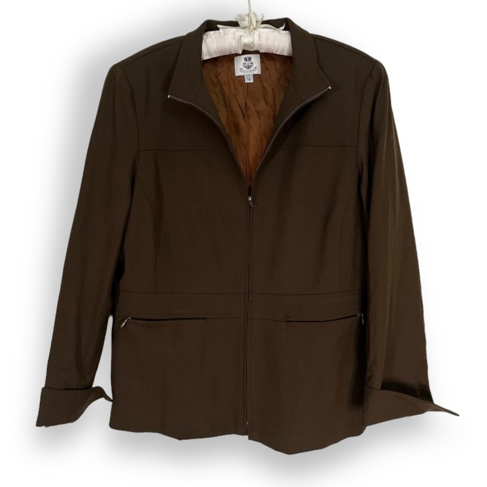 Renfrew Brown Jacket Zip Up Blazer Coat Lined Shoulder Pads Pocket Career Sz 12